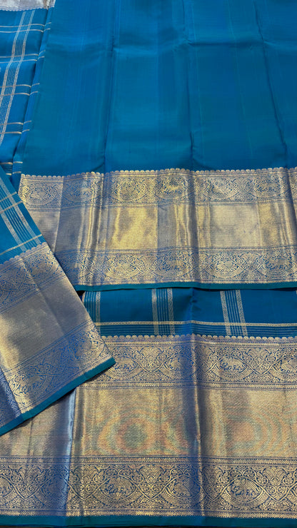 DUAL TONE PEACOCK BLUE GOLD ZARI HANDLOOM KANCHIPURAM SILK SAREE (KSS486)