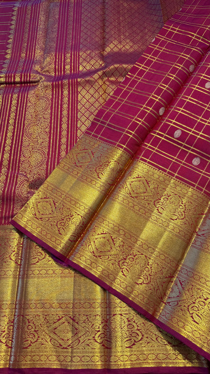 MAGENTA PINK CHECKED GOLD ZARI HANDLOOM KANCHIPURAM SILK SAREE (KSS274)