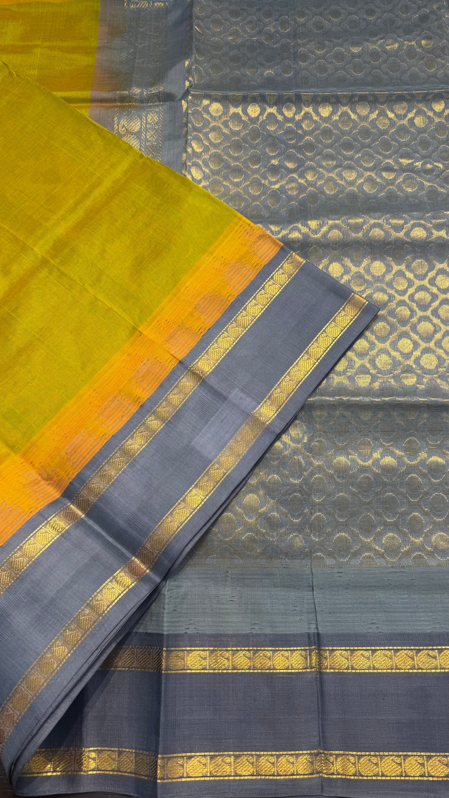 DUAL TONE OLIVE GREEN WITH GREY TRADITIONAL RETTAI PETTA BORDER HANDLOOM KANCHIPURAM SILK COTTON (KSC42)