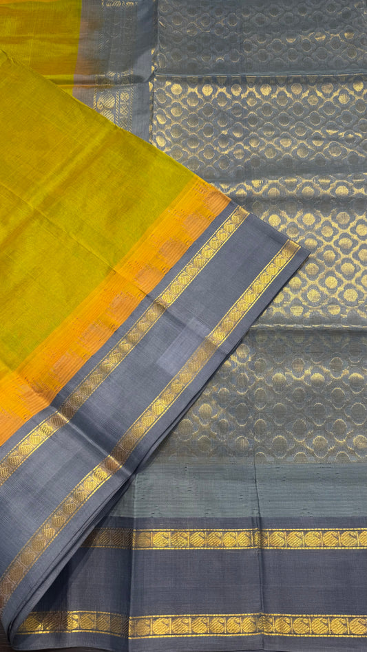 DUAL TONE OLIVE GREEN WITH GREY TRADITIONAL RETTAI PETTA BORDER HANDLOOM KANCHIPURAM SILK COTTON (KSC42)