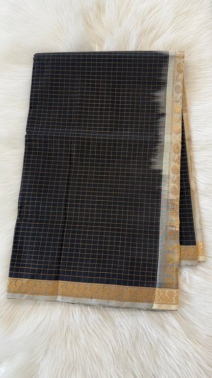 CHECKED BLACK WITH CREAM HANDLOOM KANCHIPURAM SILK COTTON (KSC25)