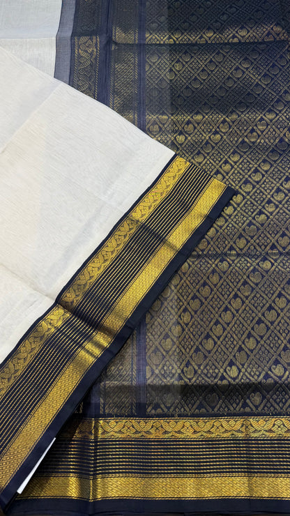 OFF WHITE WITH NAVY BLUE HANDLOOM KANCHIPURAM SILK COTTON (KSC104)