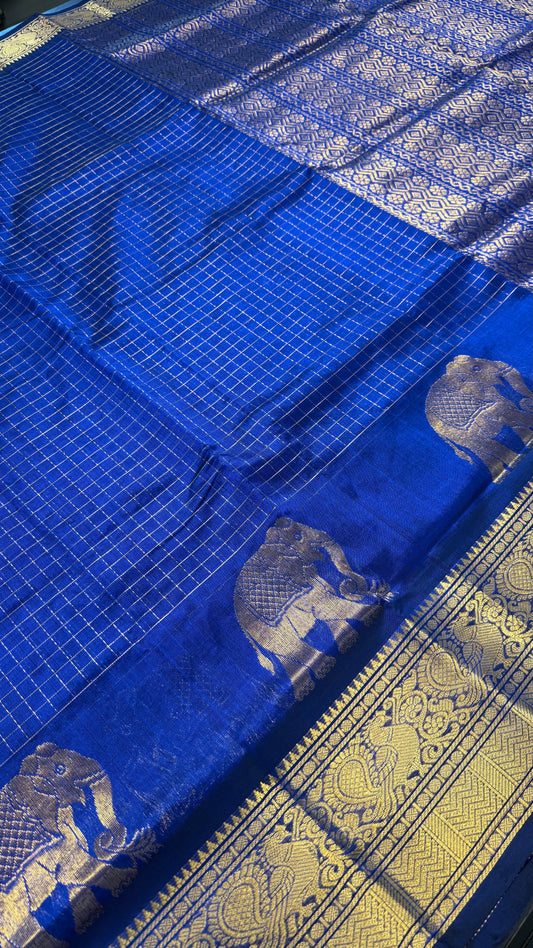 ROYAL BLUE KATTAM HANDLOOM KANCHIPURAM SILK COTTON (KSC145)