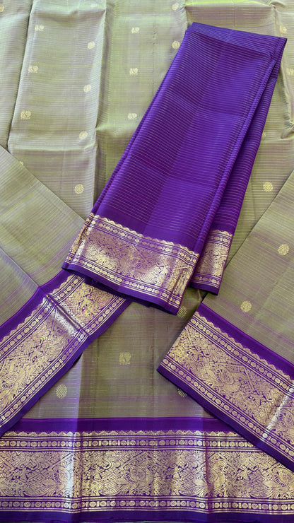 DUAL TONE GREEN WITH CONTRAST DEEP PURPLE GOLD ZARI HANDLOOM KANICHIPURAM SILK SAREE (KSS181)