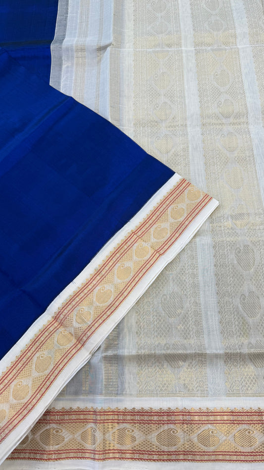 ROYAL BLUE WITH CONTRAST OFF WHITE HANDLOOM KANCHIPURAM SILK COTTON (KSC28)