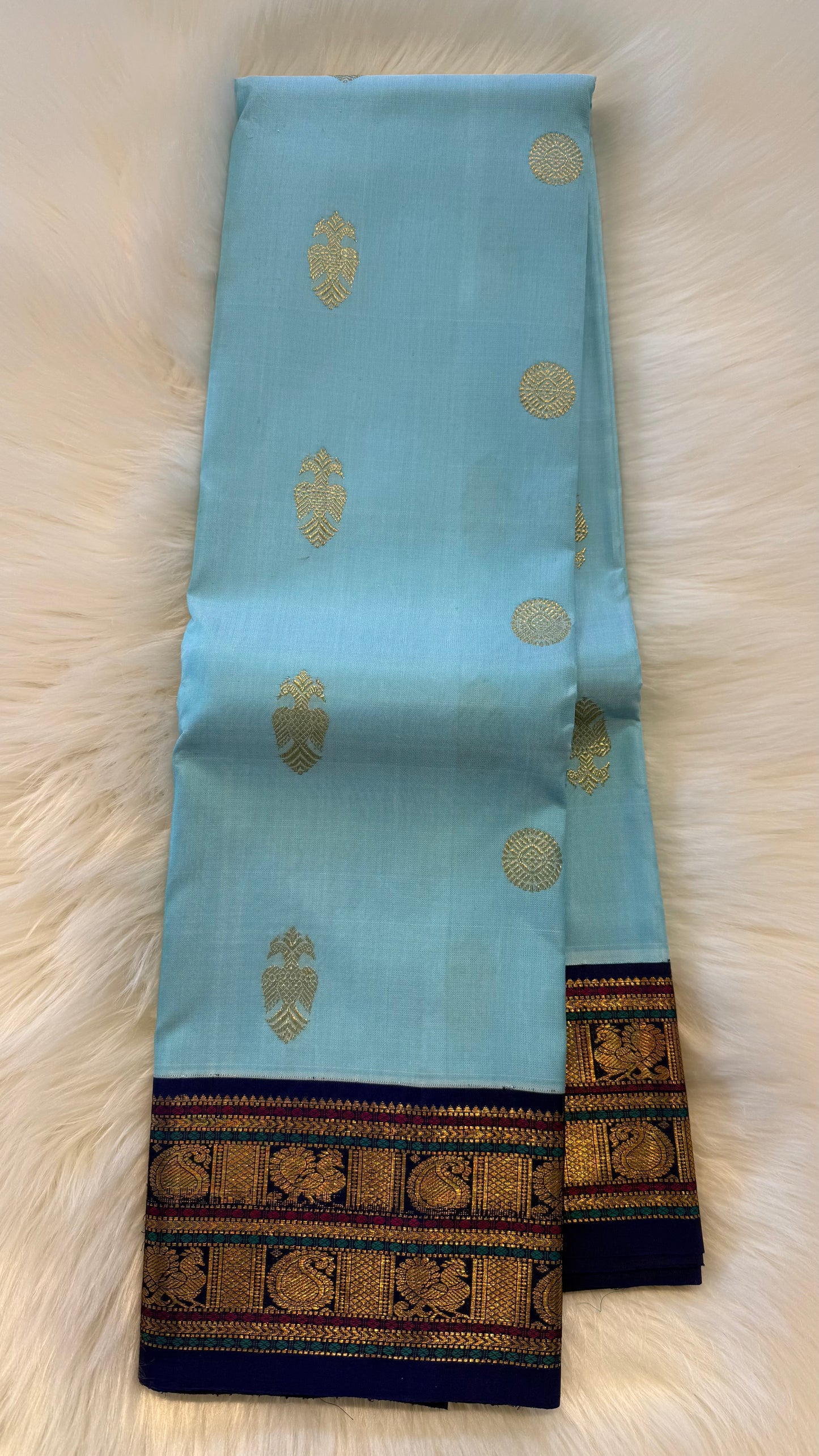 SKY BLUE WITH CONTRAST INDIGO PURPLE GOLD ZARI HANDLOOM KANCHIPURAM SILK SAREE (KSS473)