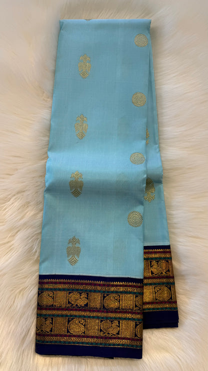 SKY BLUE WITH CONTRAST INDIGO PURPLE GOLD ZARI HANDLOOM KANCHIPURAM SILK SAREE (KSS473)