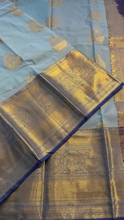 PASTEL BLUE WITH CONTRAST BLUE SILK KANICHIPURAM SILK SAREE (SSKS55)