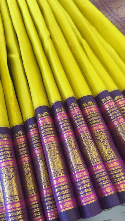 LIME YELLOW WITH CONTRAST PURPLE GOLD ZARI HANDLOOM KANICHIPURAM SILK SAREE (KSS171)