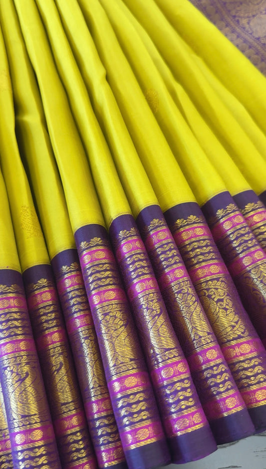 LIME YELLOW WITH CONTRAST PURPLE GOLD ZARI HANDLOOM KANICHIPURAM SILK SAREE (KSS171)