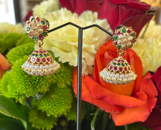 Gold Tone Ruby-Green Stone Pearl Cluster Jhumka