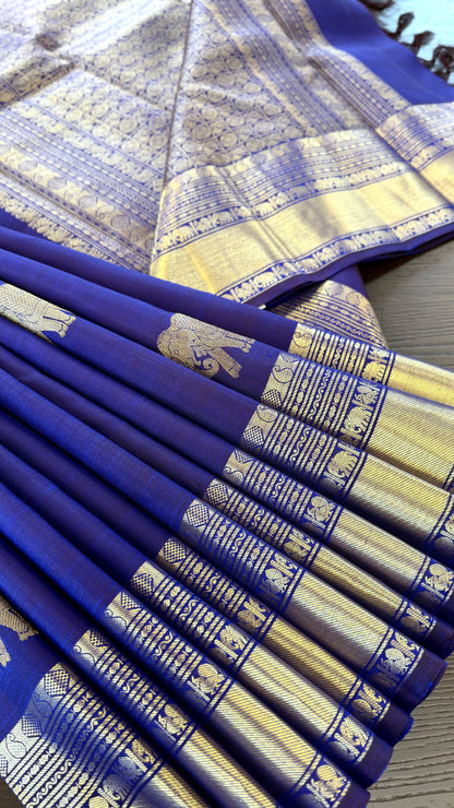 ELEPHANT DUAL TONE BLUE & PURPLE BORDER HANDLOOM KANICHIPURAM SILK SAREE (KSS166)