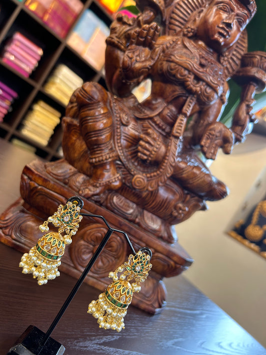 Lotus Kemp Green Guttapusal Jhumka Antique Gold Earring