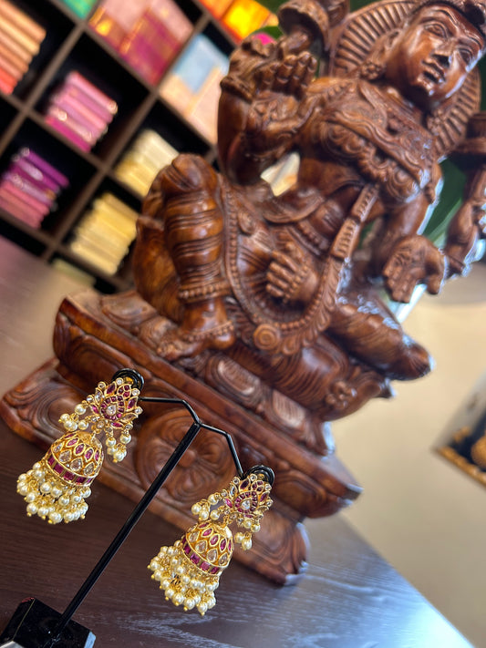 Lotus Kemp Ruby Guttapusal Jhumka Antique Gold Earring