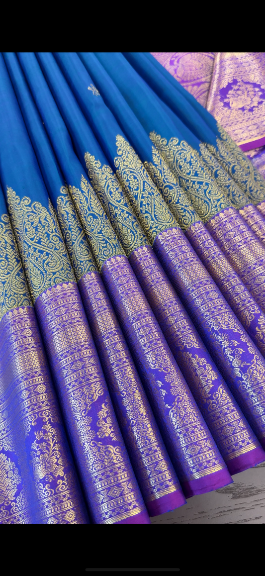 PEACOCK BLUE GREEN WITH CONTRAST PURPLE GOLD ZARI HANDLOOM KANICHIPURAM SILK SAREE (KSS163)