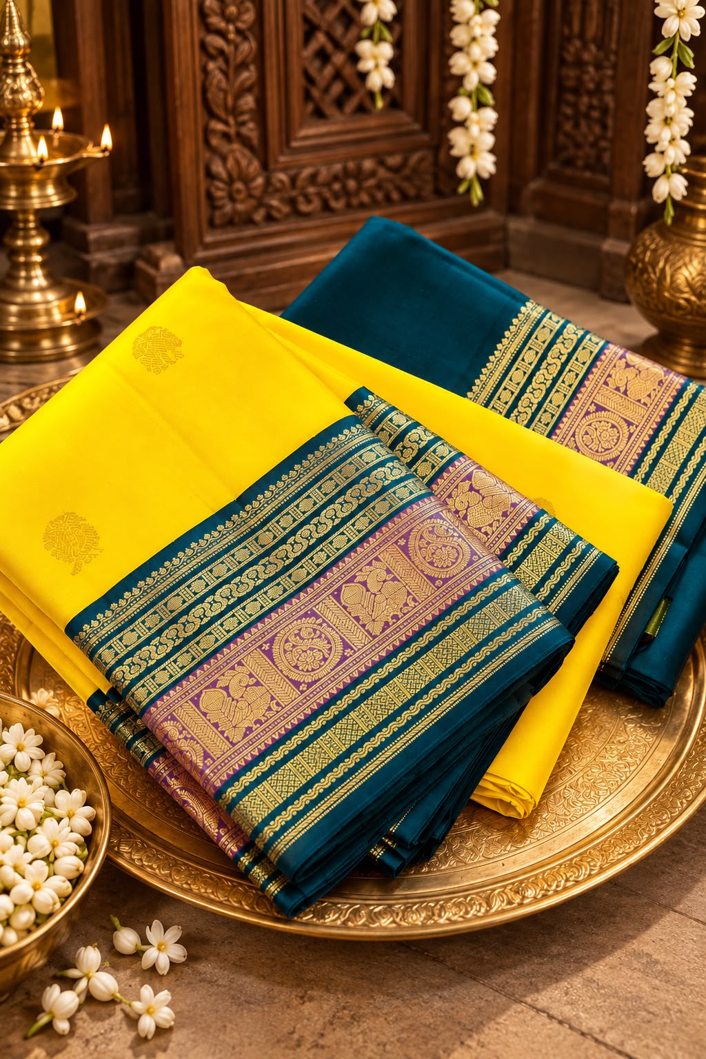 CANARY YELLOW WITH PEACOCK TEAL BLUE & PURPLE TRADITIONAL BORDER KSC 01