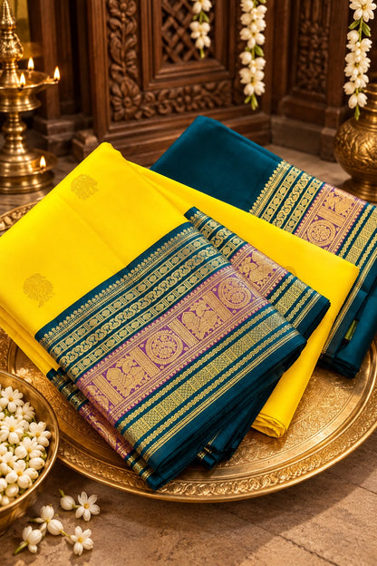 CANARY YELLOW WITH PEACOCK TEAL BLUE & PURPLE TRADITIONAL BORDER KSC 01