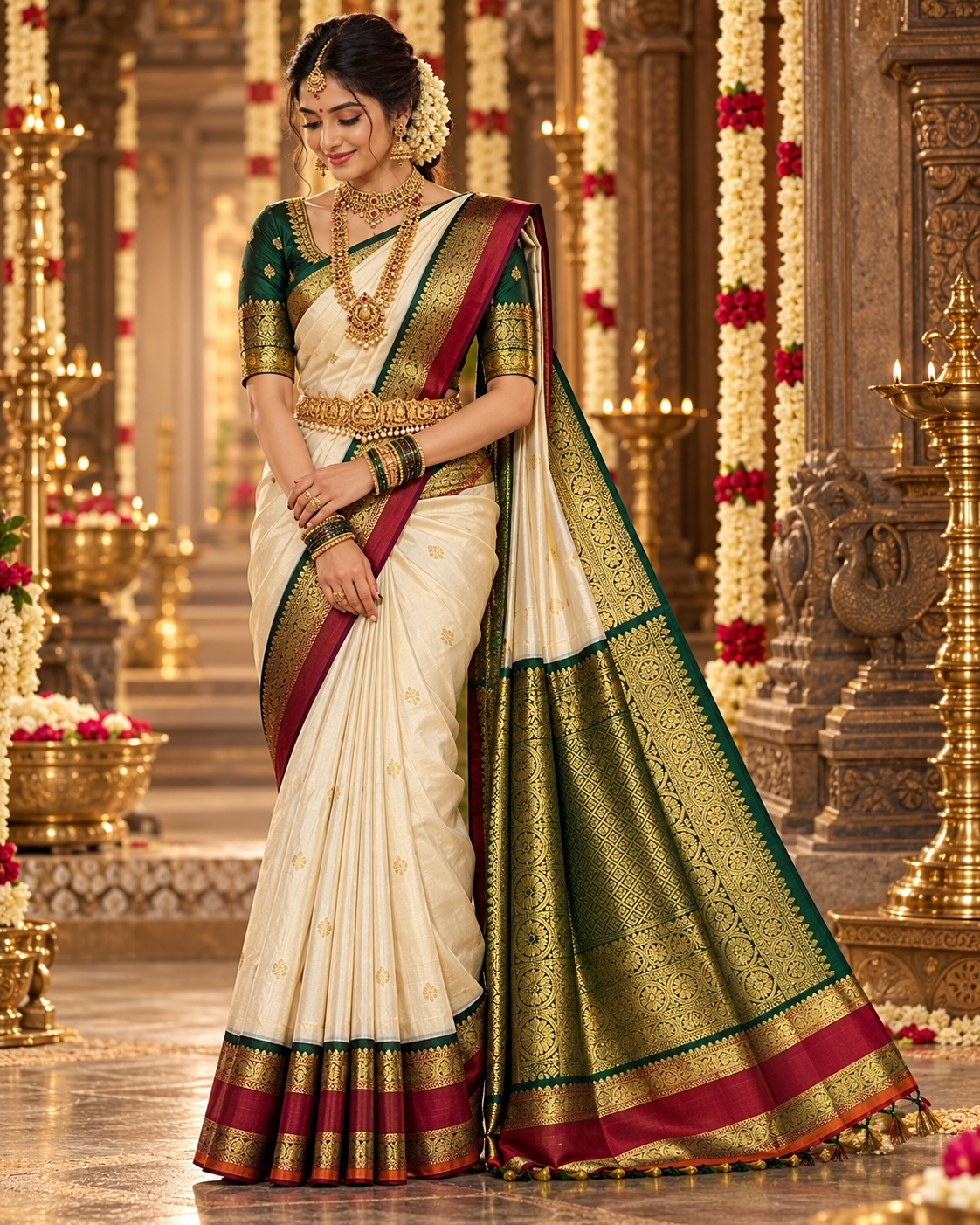 SOFT IVORY CREAM WITH RETTA PETTA DARK GREEN & MAROON TRADITIONAL BORDER PURE KANCHIPURAM HANDLOOM SILK SAREE KSC 02