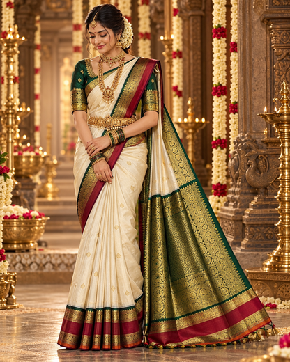 SOFT IVORY CREAM WITH RETTA PETTA DARK GREEN & MAROON TRADITIONAL BORDER PURE KANCHIPURAM HANDLOOM SILK SAREE KSC 02
