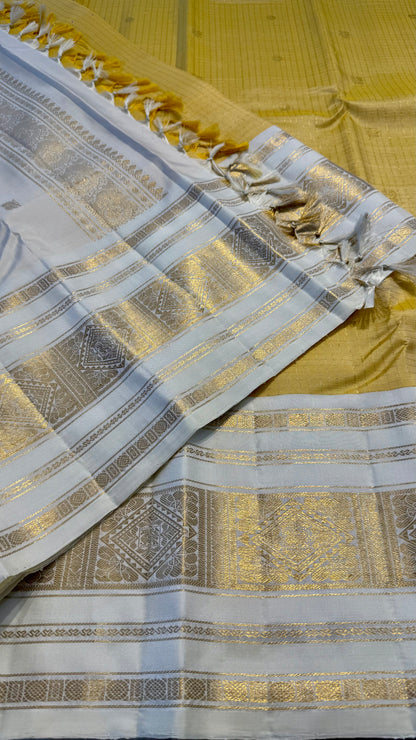 PASTEL YELLOW CONTRAST OFF WHITE BORDER KATTAM KANICHIPURAM SILK SAREE (KSS01)