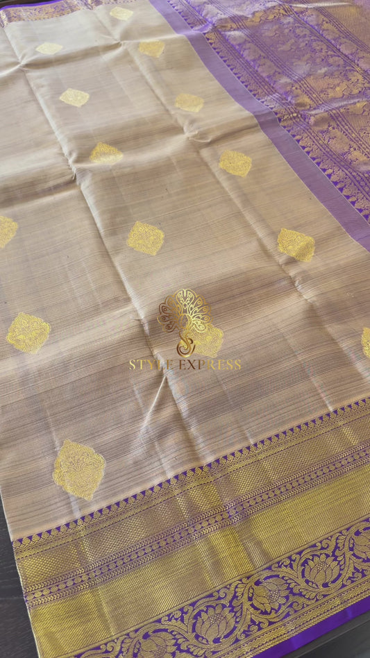 DUAL TONE TAUPE GREY WITH CONTRAST DARK ORCHID GOLD ZARI HANDLOOM KANICHIPURAM SILK SAREE (KSS55)