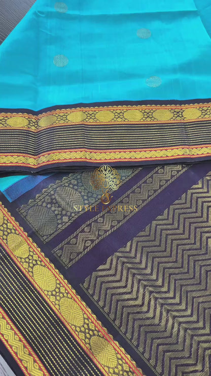 TURQUIOSE BLUE WITH CONTRAST BLACK HANDLOOM KANCHIPURAM SILK COTTON (KSC18)