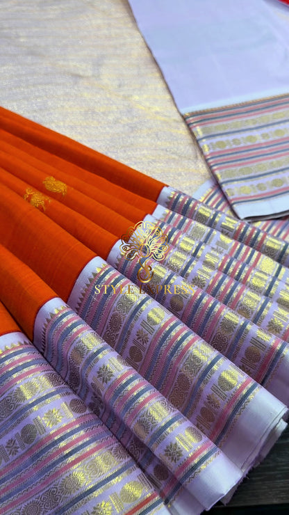 TRADITIONAL GANDABHERUNDA-YAZHI BRIGHT FANTA ORANGE & LAVENDER GOLD ZARI PURE KANCHIPURAM HANDLOOM SILK SAREE KSC 03