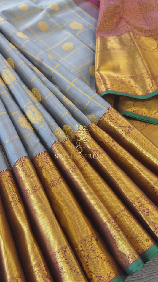 GREY CHECKED WITH CONTRAST MAROON GOLD ZARI HANDLOOM KANICHIPURAM SILK SAREE (KSS170)