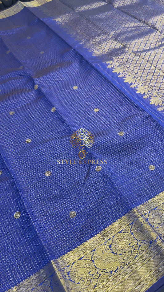 BLUE TRADITIONAL SMALL KATTAM GOLD ZARI HANDLOOM KANICHIPURAM SILK SAREE (KSS258)