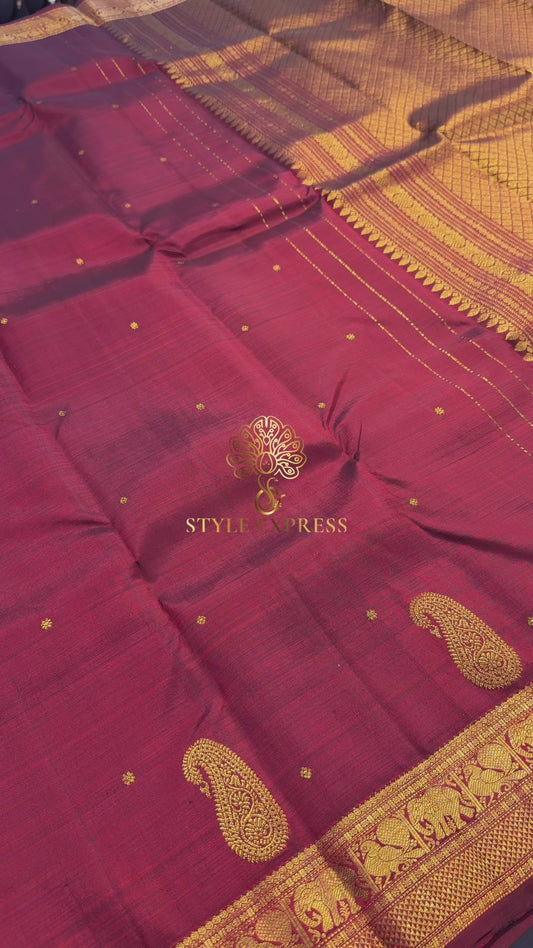 TRADITIONAL MAROON MANGO MOTIF GOLD ZARI HANDLOOM KANICHIPURAM SILK SAREE (KSS255)