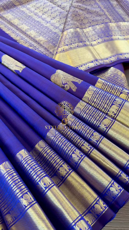 ELEPHANT DUAL TONE BLUE & PURPLE BORDER HANDLOOM KANICHIPURAM SILK SAREE (KSS166)