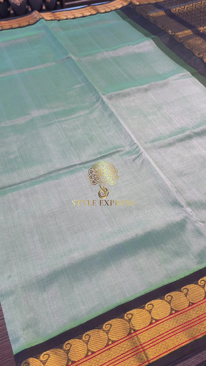 SAGE GREEN WITH CONTRAST BLACK KANCHIPURAM SILK COTTON (KSC19)