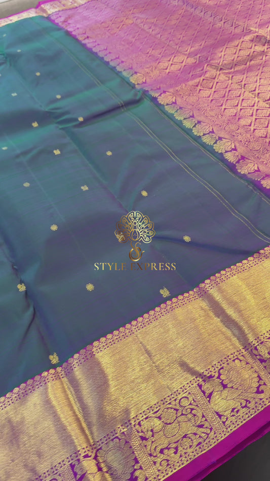 PEACOCK GREEN WITH CONTRATS VADAMALLI PURPLE GOLD ZARI HANDLOOM KANICHIPURAM SILK SAREE (KSS236)