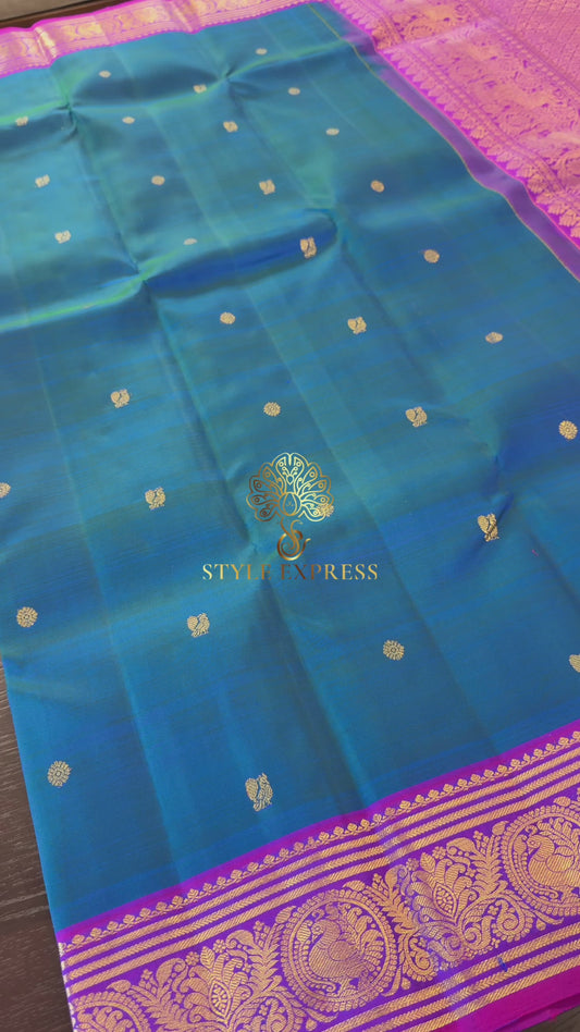 PEACOCK BLUE WITH CONTRAST PURPLE GOLD ZARI HANDLOOM KANICHIPURAM SILK SAREE (KSS122)
