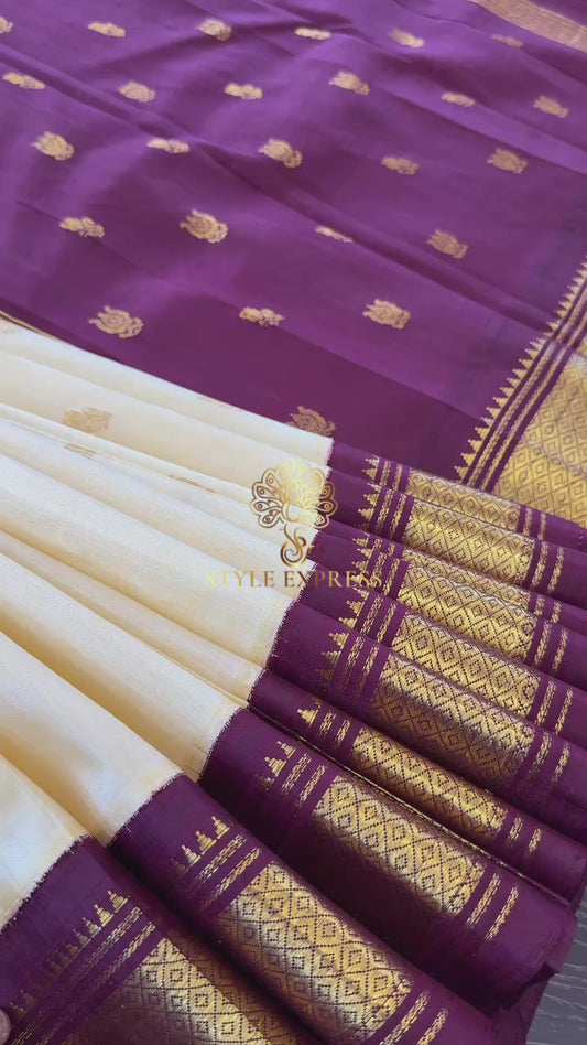 CREAM WITH CONTRAST MAROON PURE HANDLOOM KANICHIPURAM SINGLE SIDE BORDER SILK SAREE (KSSB04)