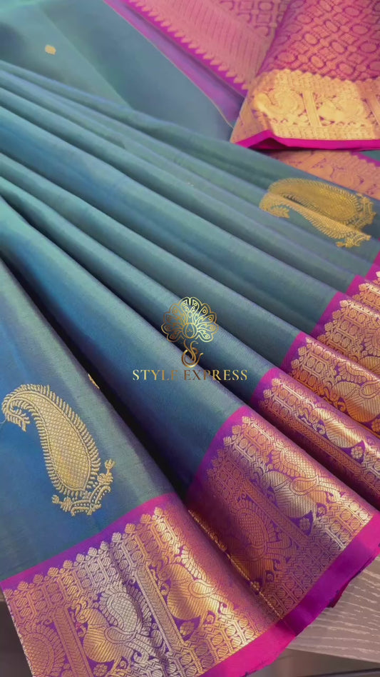 PEACOCK GREEN WITH CONTRAST VADAMALLI PURPLE HANDLOOM KANICHIPURAM SILK SAREE (KSS19)