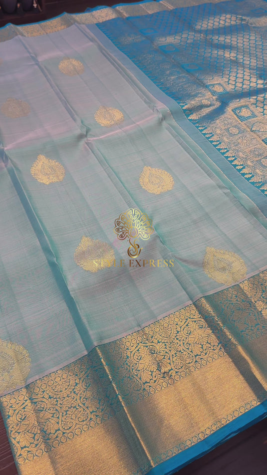 DUAL TONE PASTEL BLUE WITH TURQUOISE BLUE GOLD ZARI HANDLOOM KANICHIPURAM SILK SAREE (KSS253)