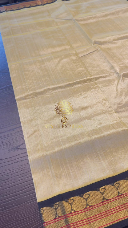 GOLD WITH CONTRAST BLACK KANCHIPURAM SILK COTTON SAREE (KSC10)