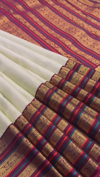 PASTEL GREEN KORVAI CONTRAST MAROON BORDER HANDLOOM KANICHIPURAM SILK SAREE (KSS233)