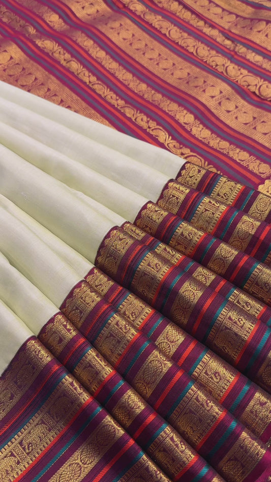 PASTEL GREEN KORVAI CONTRAST MAROON BORDER HANDLOOM KANICHIPURAM SILK SAREE (KSS233)