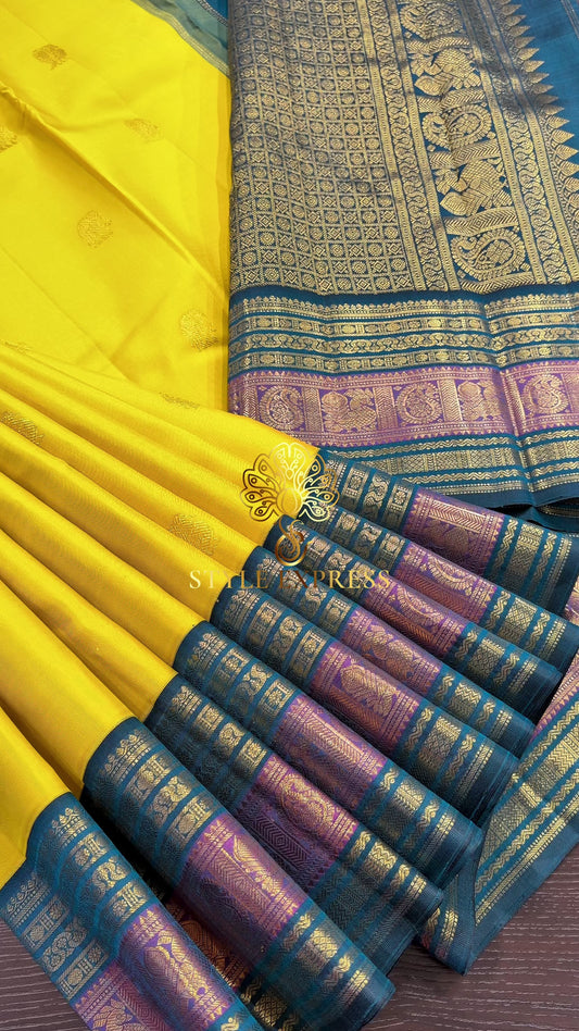CANARY YELLOW WITH PEACOCK TEAL BLUE & PURPLE TRADITIONAL BORDER KSC 01