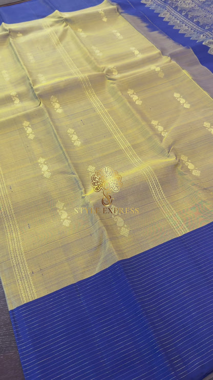 OLIVE GREEN WITH CONTRAST NAVY BLUEY GOLD ZARI HANDLOOM KANICHIPURAM SILK SAREE (KSS141)