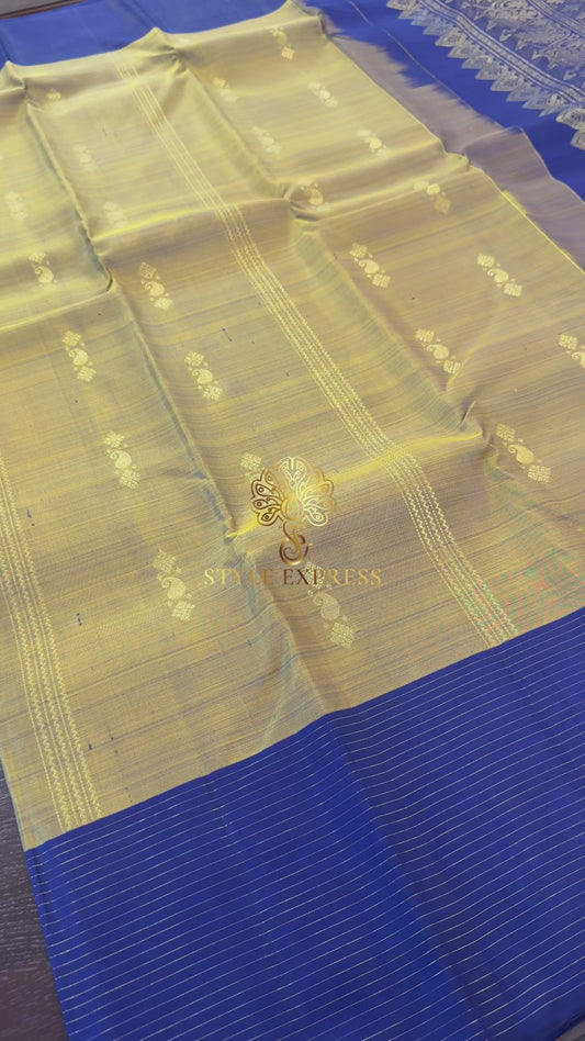 OLIVE GREEN WITH CONTRAST NAVY BLUEY GOLD ZARI HANDLOOM KANICHIPURAM SILK SAREE (KSS141)