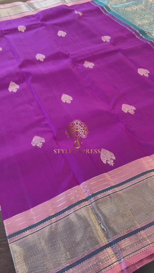BYZANTIUM PURPLE CONTRAST ANITQUE GOLD ZARI HANDLOOM KANICHIPURAM SILK SAREE (KSS80)