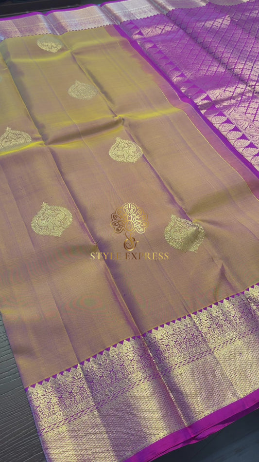 DUAL TONE OLIVE ORANGE WITH  PURPLE GOLD ZARI HANDLOOM KANICHIPURAM SILK SAREE (KSS247)