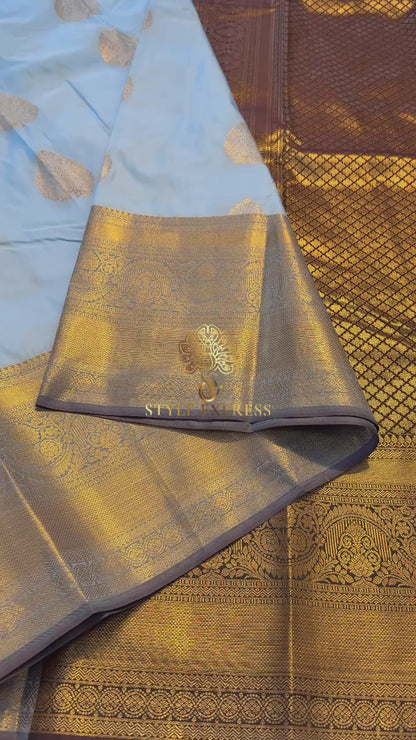 PASTEL BLUE WITH CONTRAST CHOCOLATE BROWN SEMI SILK KANICHIPURAM SILK SAREE (SSKS01)