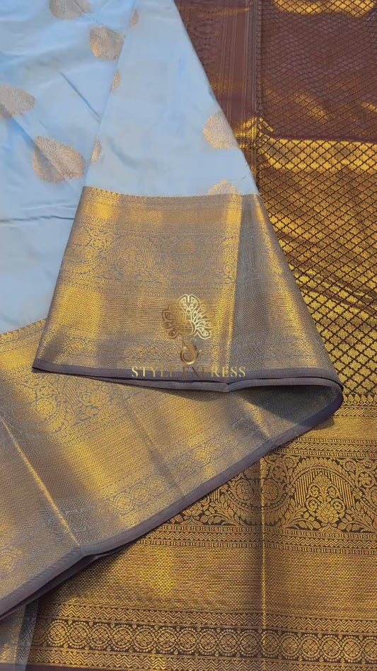 PASTEL BLUE WITH CONTRAST CHOCOLATE BROWN SEMI SILK KANICHIPURAM SILK SAREE (SSKS01)