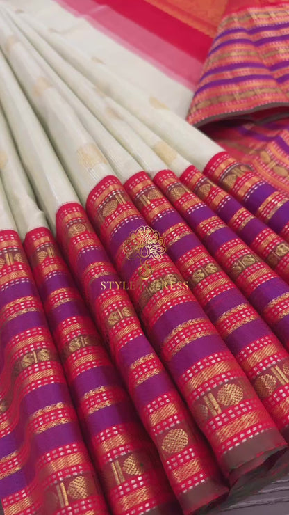PASTEL PISTACHIO GREEN KORVAI CONTRAST RED BORDER GOLD ZARI HANDLOOM KANICHIPURAM SILK SAREE (KSS46)