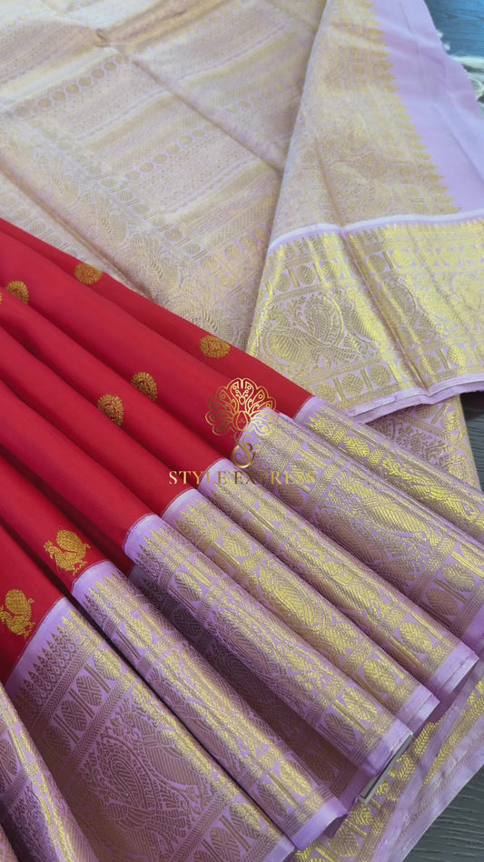 CHILLI RED CONTRAST PASTEL PINK BORDER HANDLOOM PURE KANICHIPURAM SILK SAREE (KSS228)