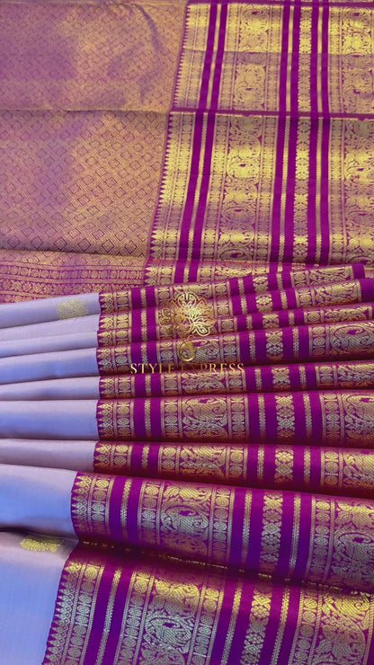 LIGHT MAUVE WITH CONTRAST MAGENTA PINK HANDLOOM KANICHIPURAM SILK SAREE (KSS14)